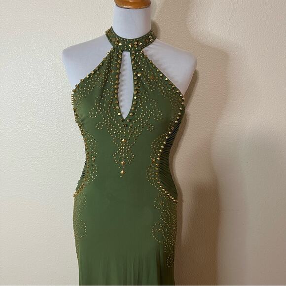 Jovani 89892 olive green gold studs jersey cutout halter mermaid dress NEW 4 - Picture 2 of 9